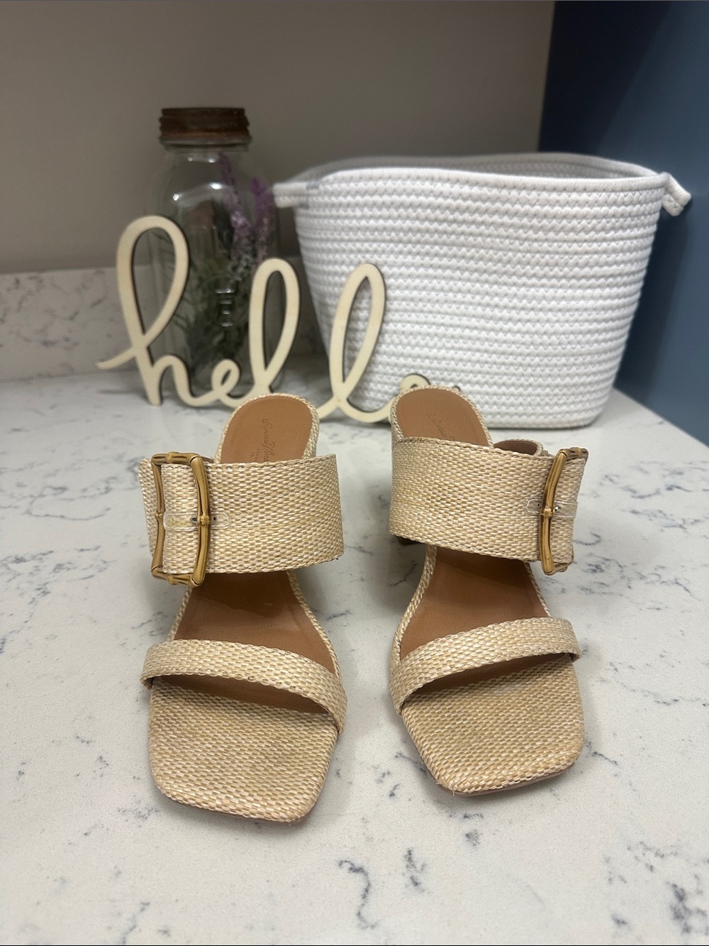 Universal Thread Beige Woven Buckle Heel Slides 8